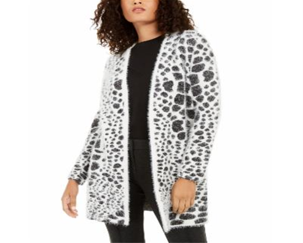 Cardigan feminino Alfani com estampa animal e textura de cílios, preto, tamanho X-S