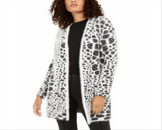 Cardigan feminino Alfani com estampa animal e textura de cílios, preto, tamanho X-S