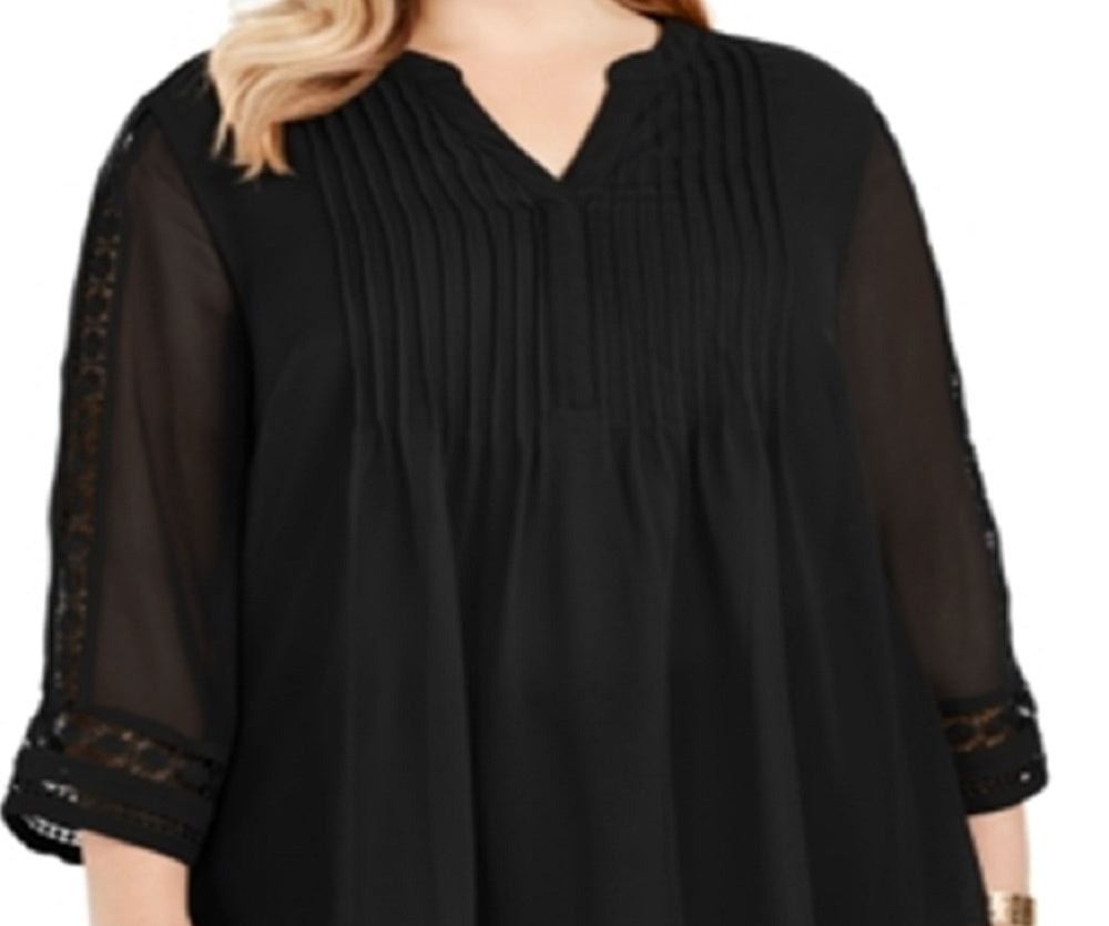 Charter Club Top Feminino com Mangas Rendadas e Frente Pintuck, Preto, Tamanho 1X