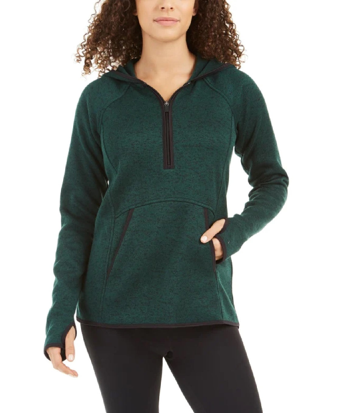 ID Ideology Suéter com capuz mesclado com zíper 1/4 feminino, verde, tamanho extragrande