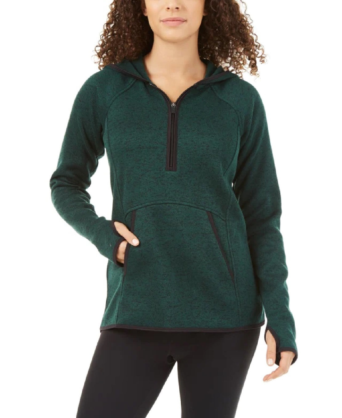 ID Ideology Suéter com capuz mesclado com zíper 1/4 feminino, verde, tamanho extragrande