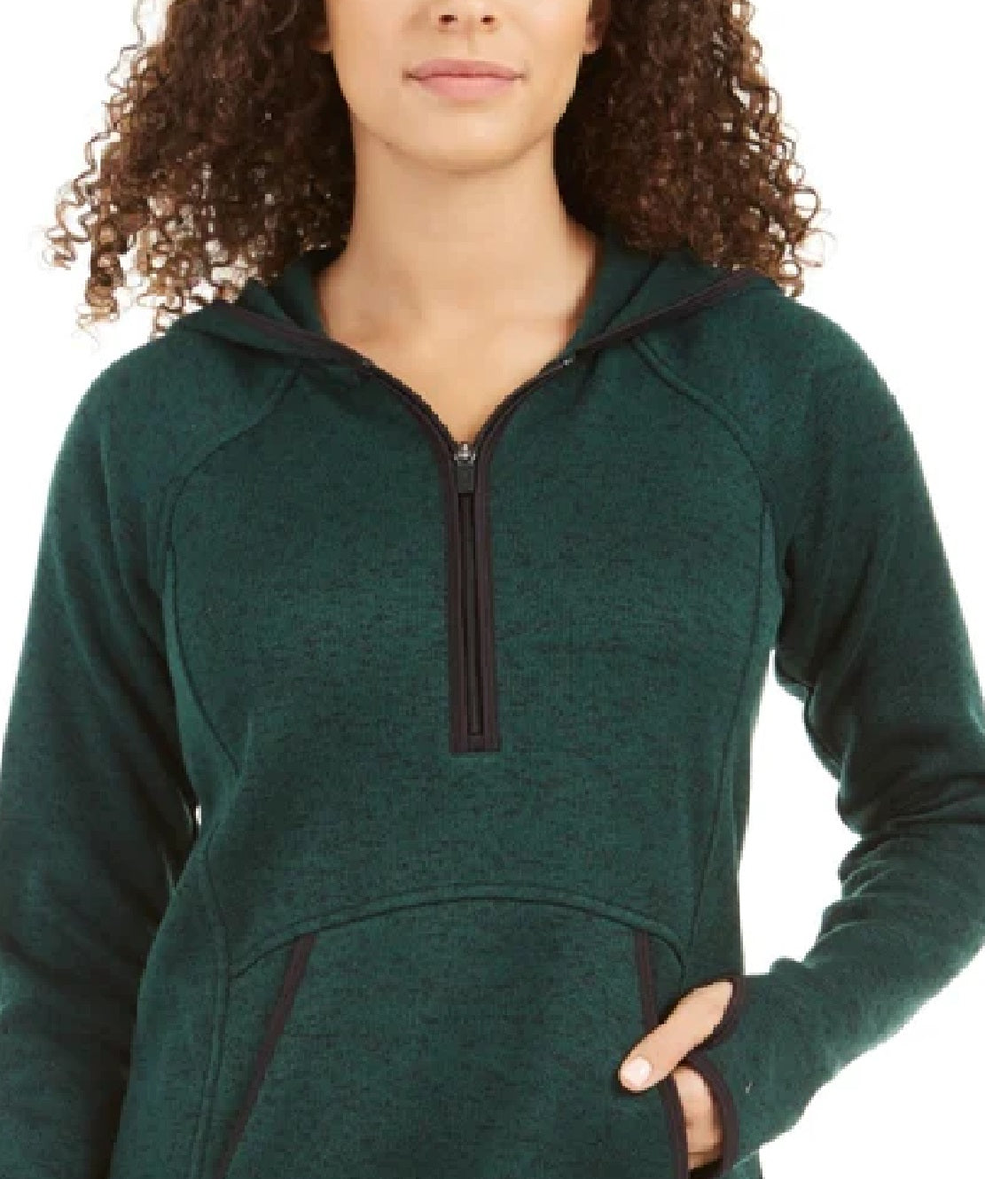 ID Ideology Suéter com capuz mesclado com zíper 1/4 feminino, verde, tamanho extragrande