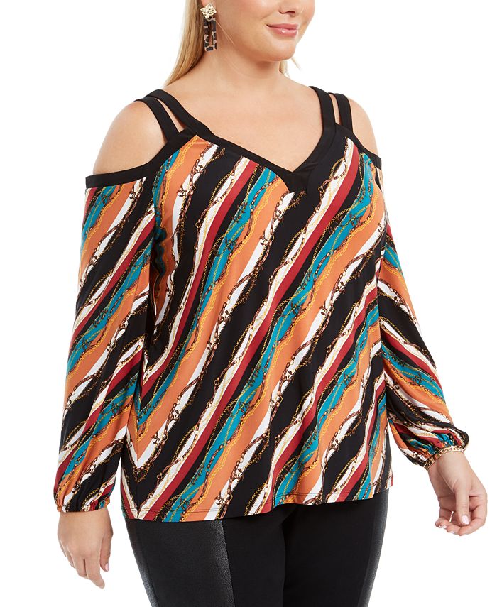 Blusa feminina estampada com ombros descobertos, INC International Concepts, vermelha, tamanho 0X