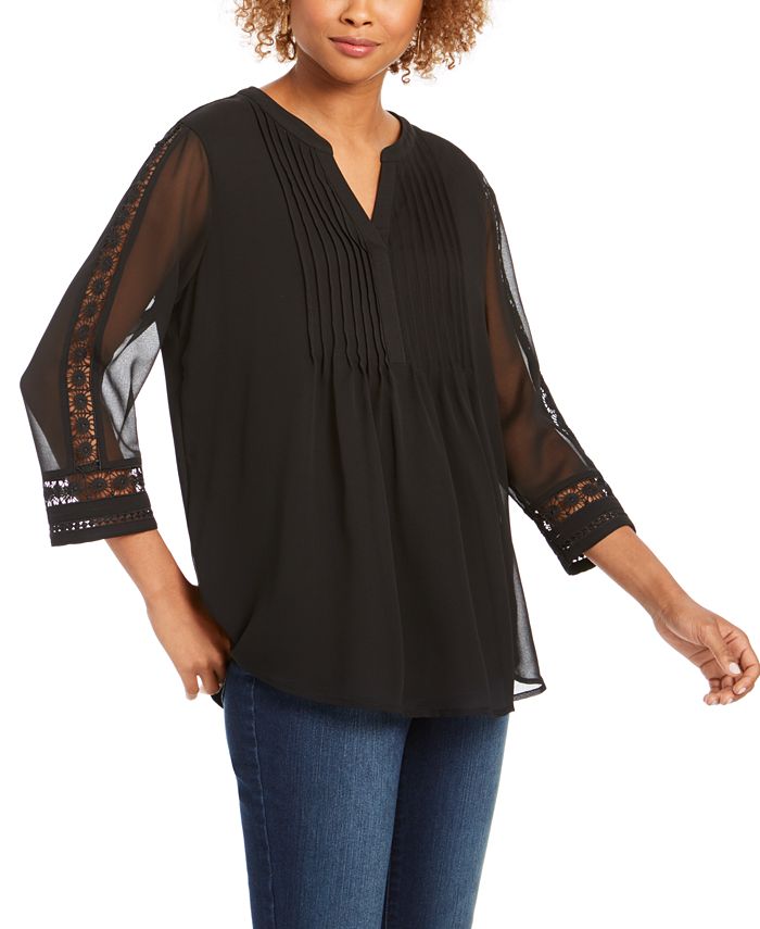 Charter Club Blusa feminina de malha lisa com pregas, preta, tamanho grande