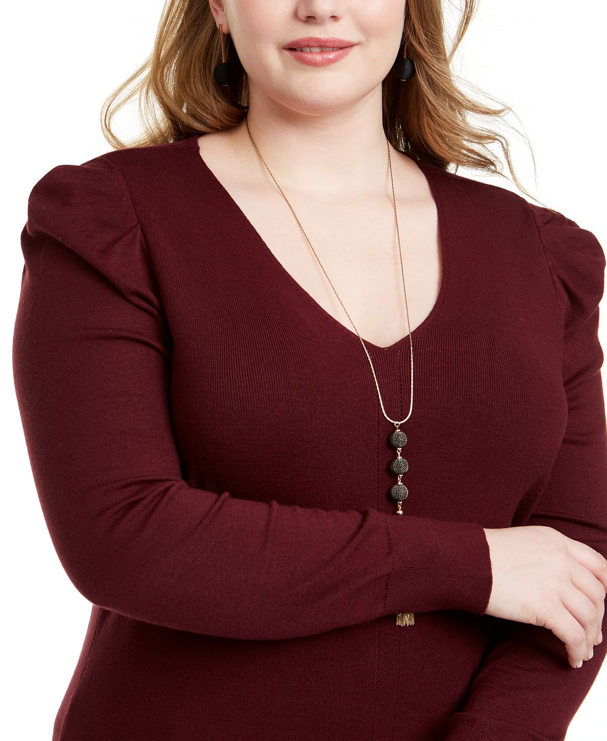 Túnica feminina plus size INC International Concepts com ombros bufantes e decote em V, vermelha, tamanho 3X