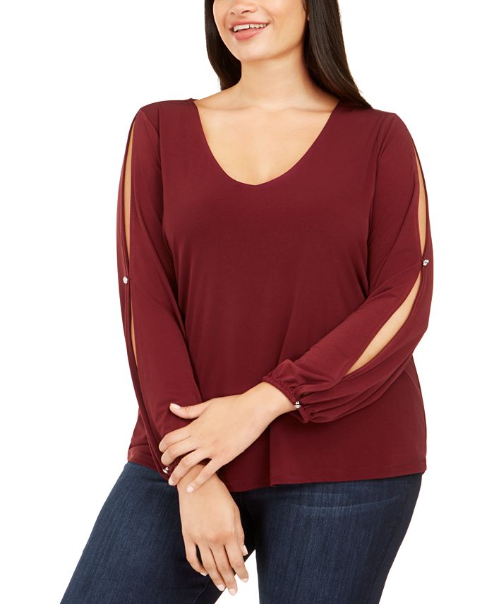 Blusa feminina de manga comprida e decote redondo INC International Concepts, vermelha, tamanho 1X