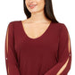 Blusa feminina de manga comprida e decote redondo INC International Concepts, vermelha, tamanho 1X