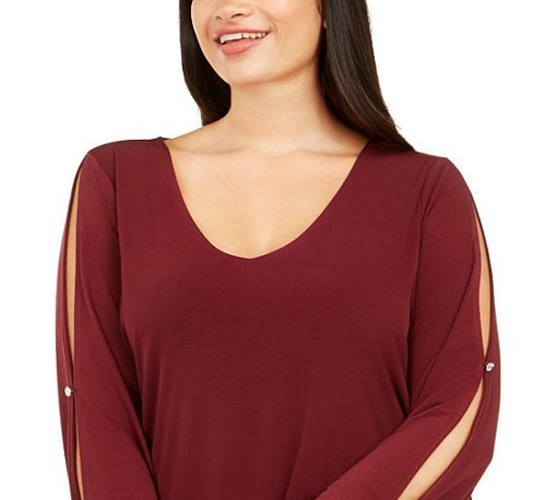 Blusa feminina de manga comprida e decote redondo INC International Concepts, vermelha, tamanho 1X