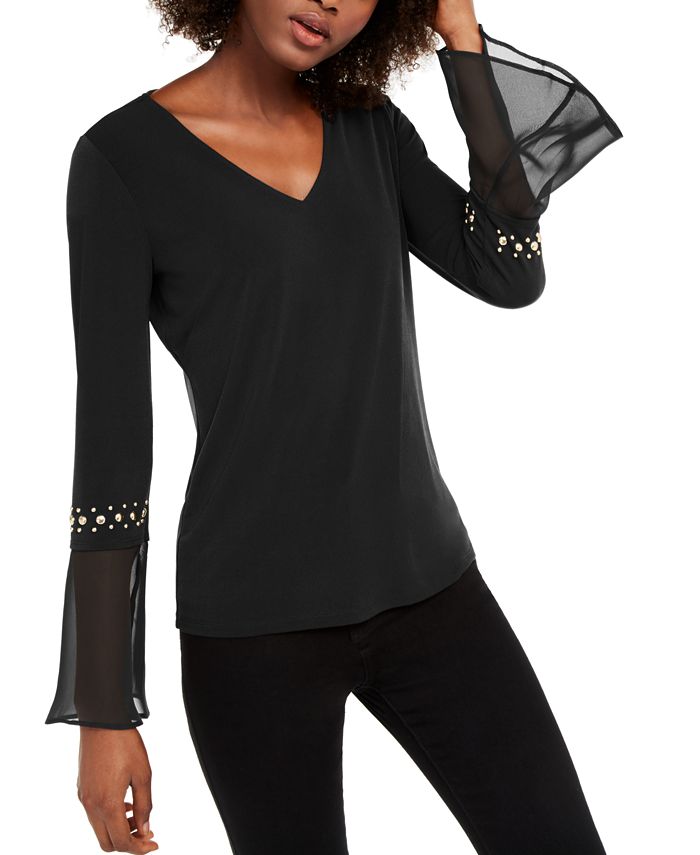 INC International Concepts Top de chiffon com punho cravejado feminino, preto, tamanho pequeno P/M