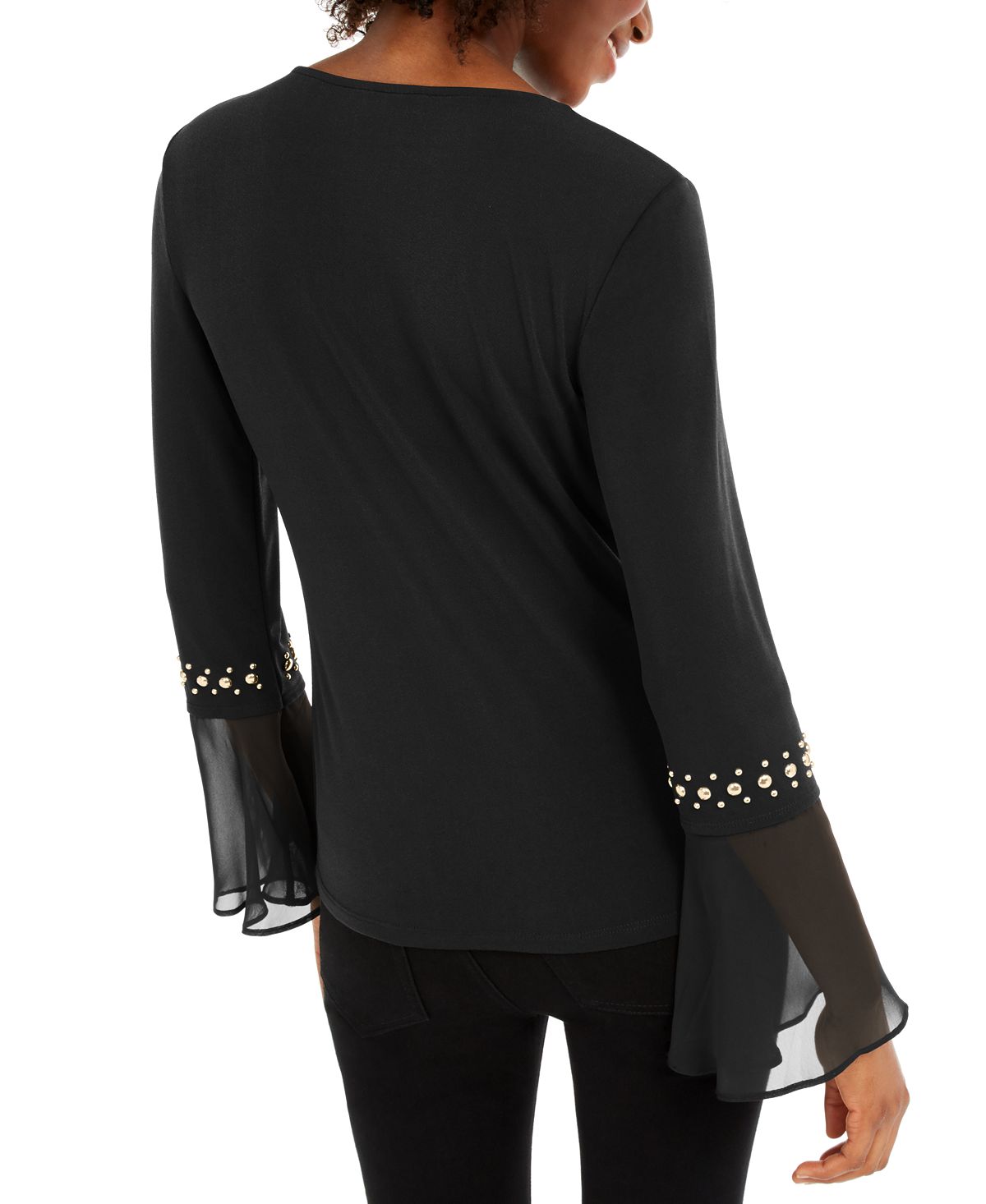 INC International Concepts Top de chiffon com punho cravejado feminino, preto, tamanho pequeno P/M
