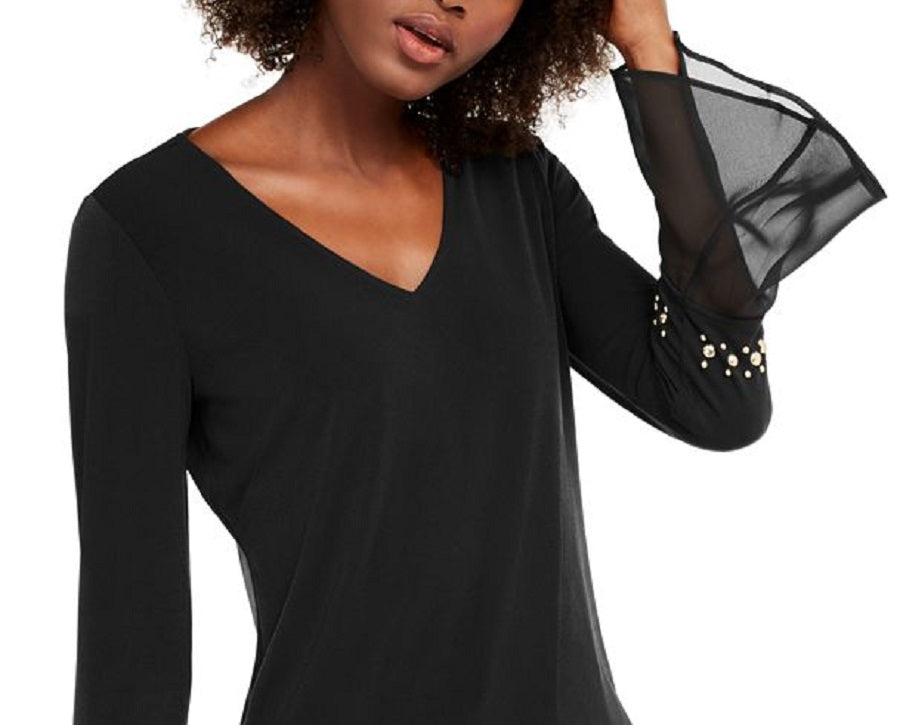 INC International Concepts Top de chiffon com punho cravejado feminino, preto, tamanho pequeno P/M
