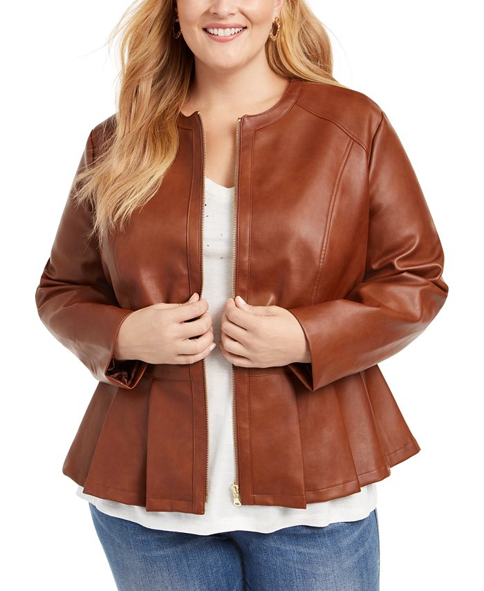 Jaqueta peplum feminina plus size de couro sintético INC International Concepts, marrom, tamanho 2X
