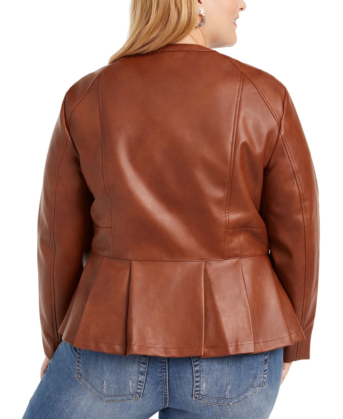 Jaqueta peplum feminina plus size de couro sintético INC International Concepts, marrom, tamanho 2X