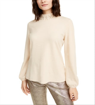 Alfani Suéter de noite feminino com strass e manga comprida, gola alta, marrom, tamanho pequeno médio