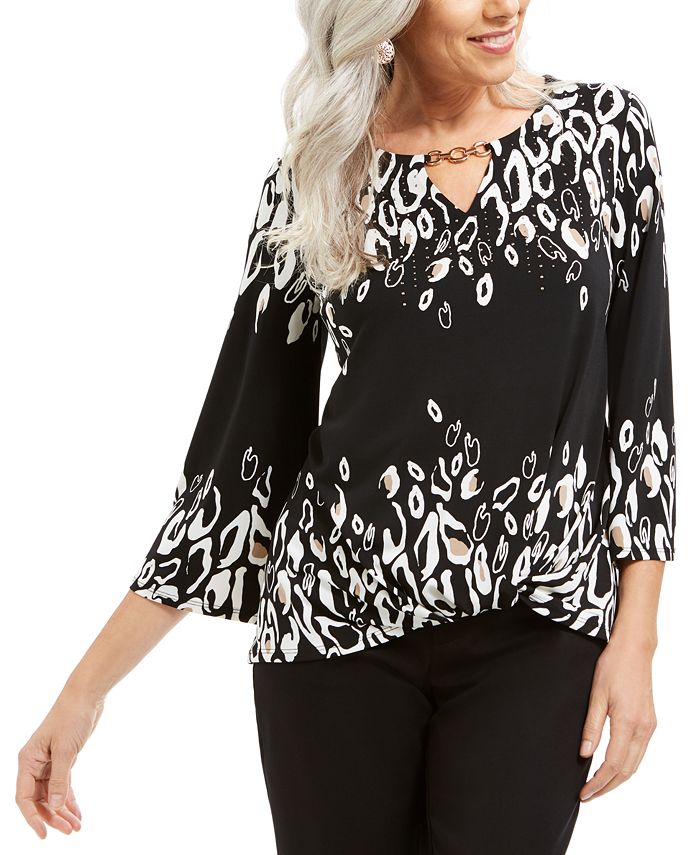 JM Collection Top Feminino com Bainha Torcida e Decote em V, Preto, Tamanho Médio