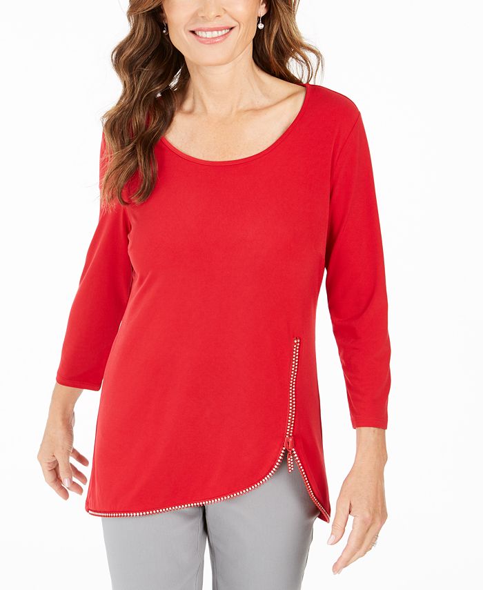 JM Collection Top feminino com acabamento em zíper e strass, vermelho, tamanho XX-G