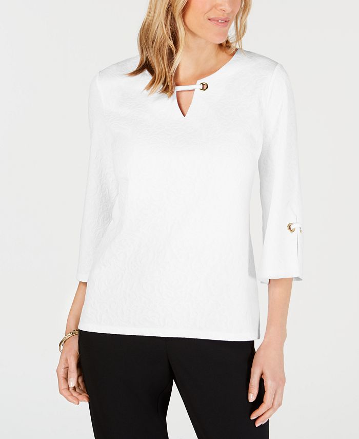 JM Collection Top texturizado com buraco de chave feminino, branco, tamanho pequeno