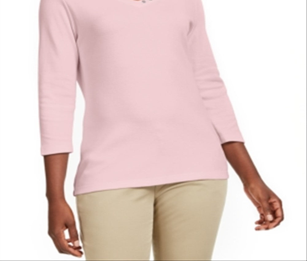 Karen Scott Blusa de algodão com decote em V e ilhós feminina, rosa, tamanho P
