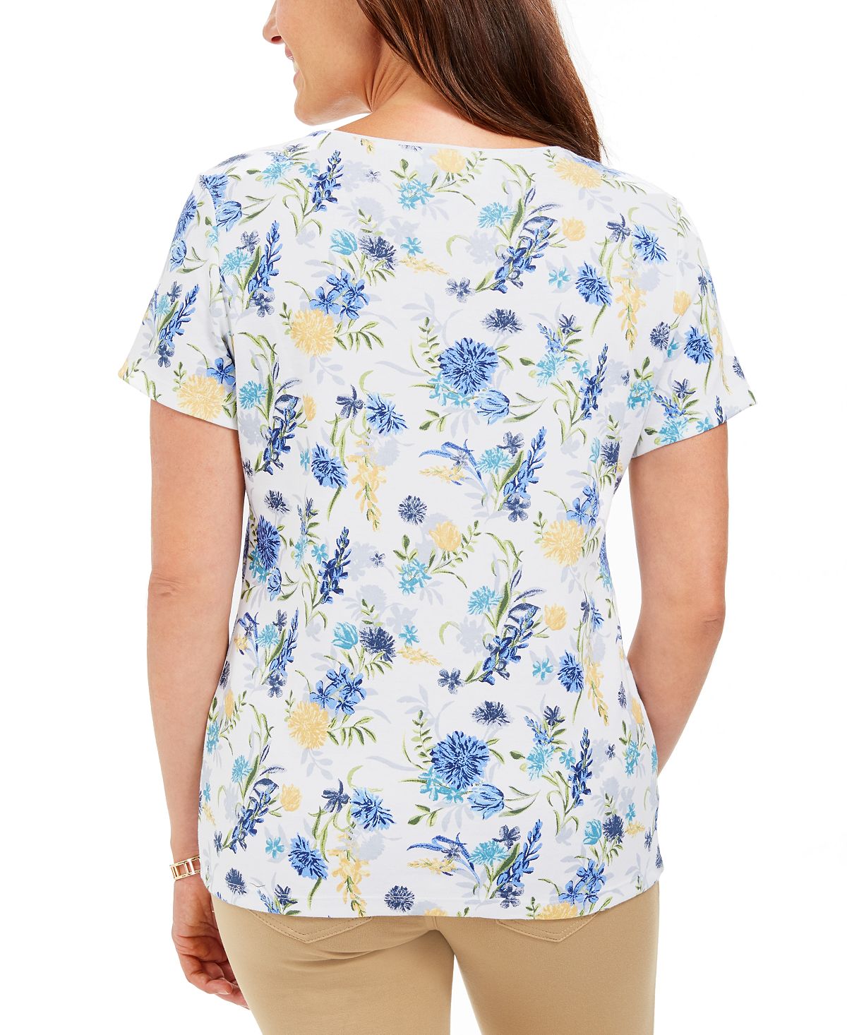 Camiseta feminina Karen Scott com estampa de gola redonda, branca, tamanho grande