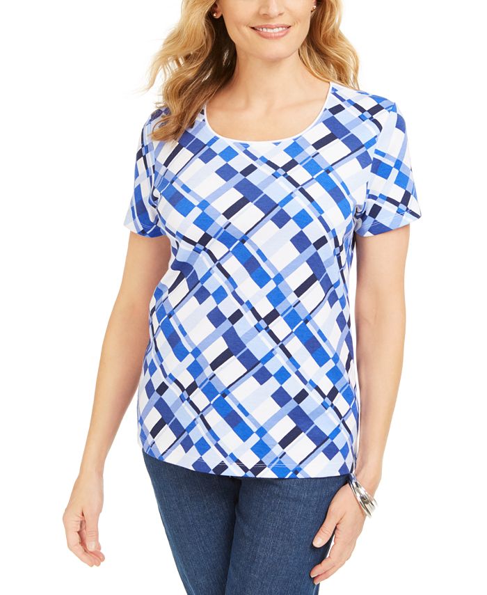 Camiseta feminina estampada Karen Scott com decote redondo, azul, tamanho grande