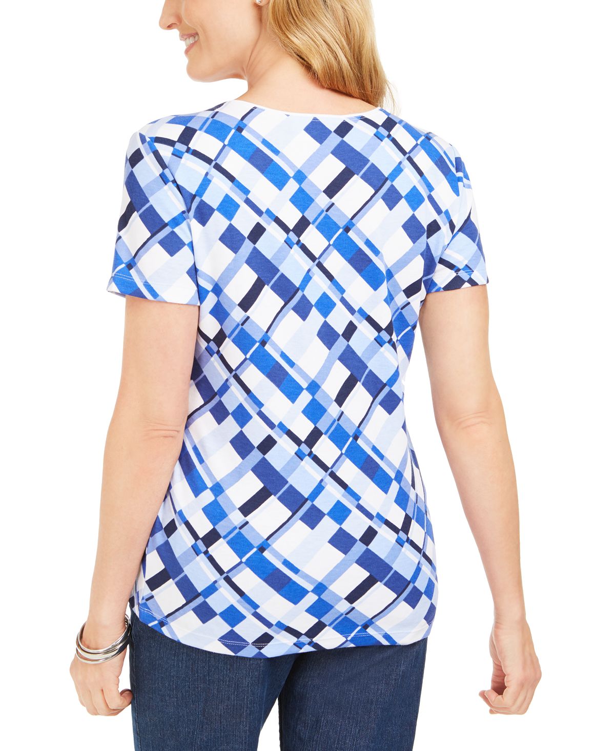 Camiseta feminina estampada Karen Scott com decote redondo, azul, tamanho grande