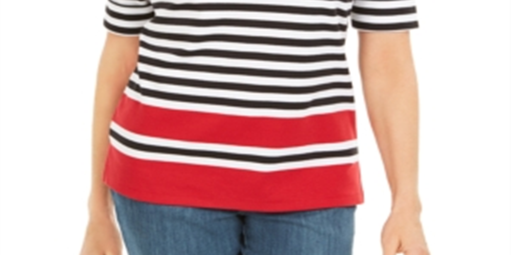 Karen Scott Blusa Listrada Feminina Gola Canoa Vermelha Tamanho Grande