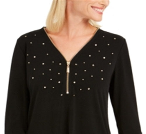 JM Collection Top Feminino com Zíper Enfeitado, Preto, Tamanho X-S