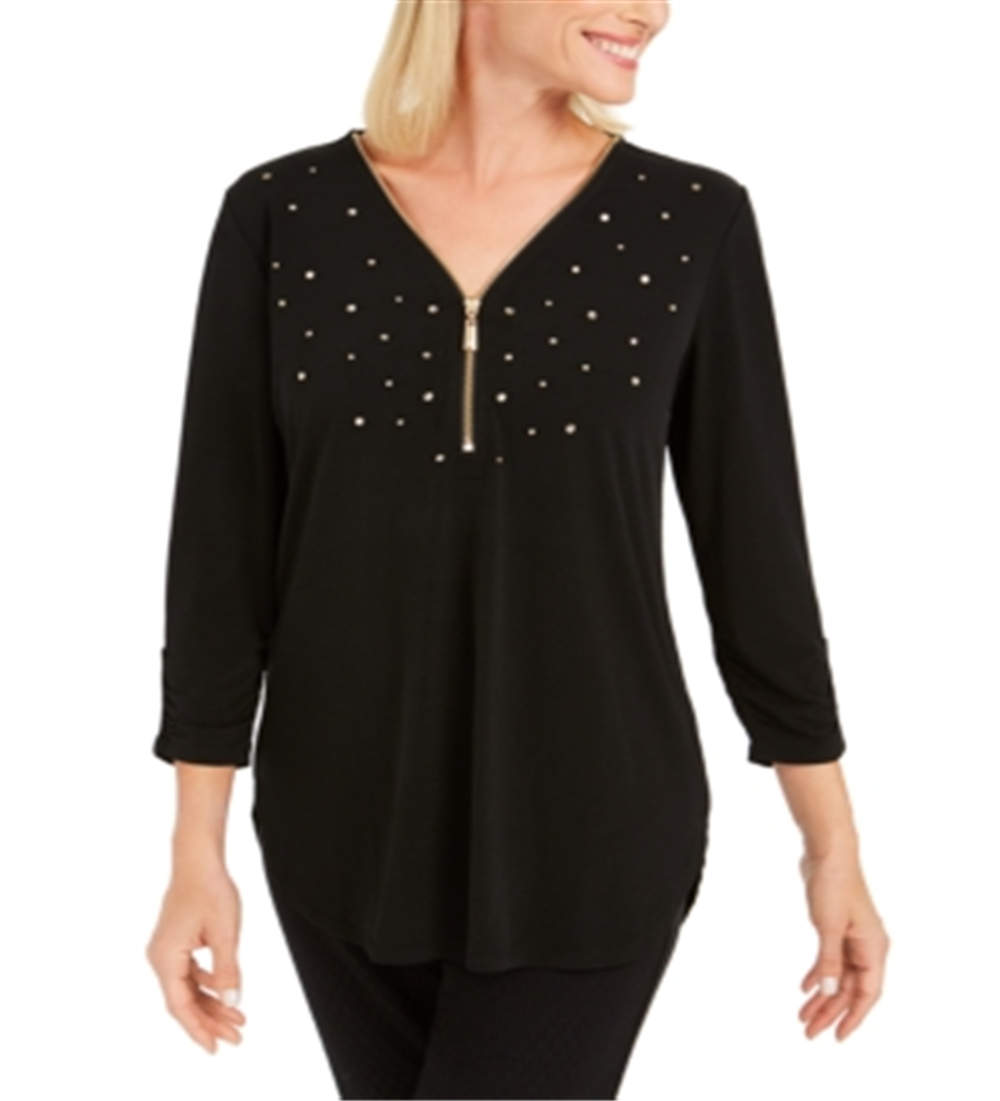 JM Collection Top Feminino com Zíper Enfeitado, Preto, Tamanho X-S