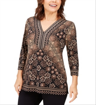 Túnica feminina com decote em Y e detalhes em preto, tamanho médio, da coleção JM