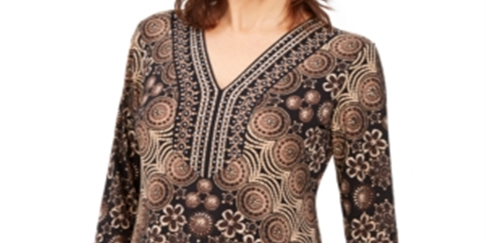 Túnica feminina com decote em Y e detalhes em preto, tamanho médio, da coleção JM