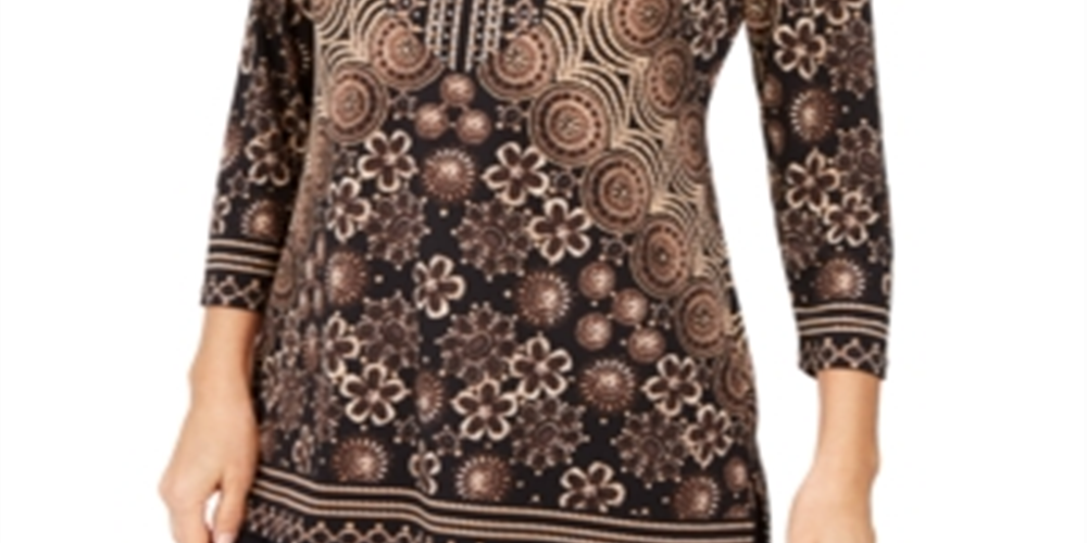 Túnica feminina com decote em Y e detalhes em preto, tamanho médio, da coleção JM