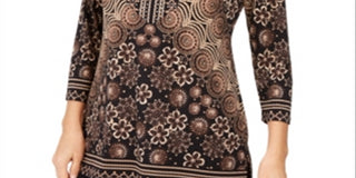 Túnica feminina com decote em Y e detalhes em preto, tamanho médio, da coleção JM