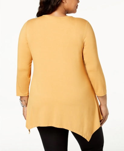 JM Collection Top feminino com decote em V e bainha em lenço, amarelo, tamanho extrapequeno