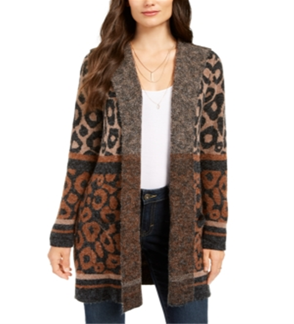 Cardigan feminino com estampa de leopardo e frente aberta, estilo &amp; co, marrom, tamanho pequeno M