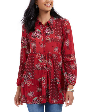 Camisa feminina de malha com estampa mista e painéis Style &amp; Co, vermelha, tamanho pequeno