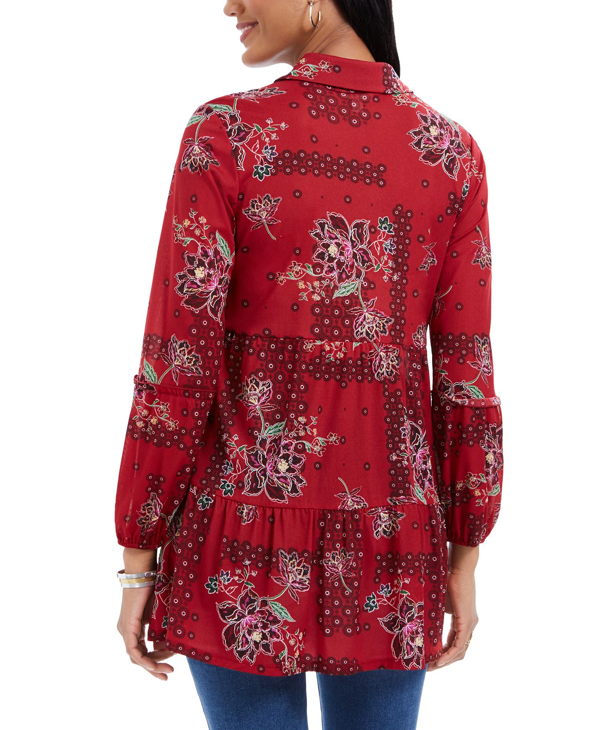 Camisa feminina de malha com estampa mista e painéis Style &amp; Co, vermelha, tamanho pequeno
