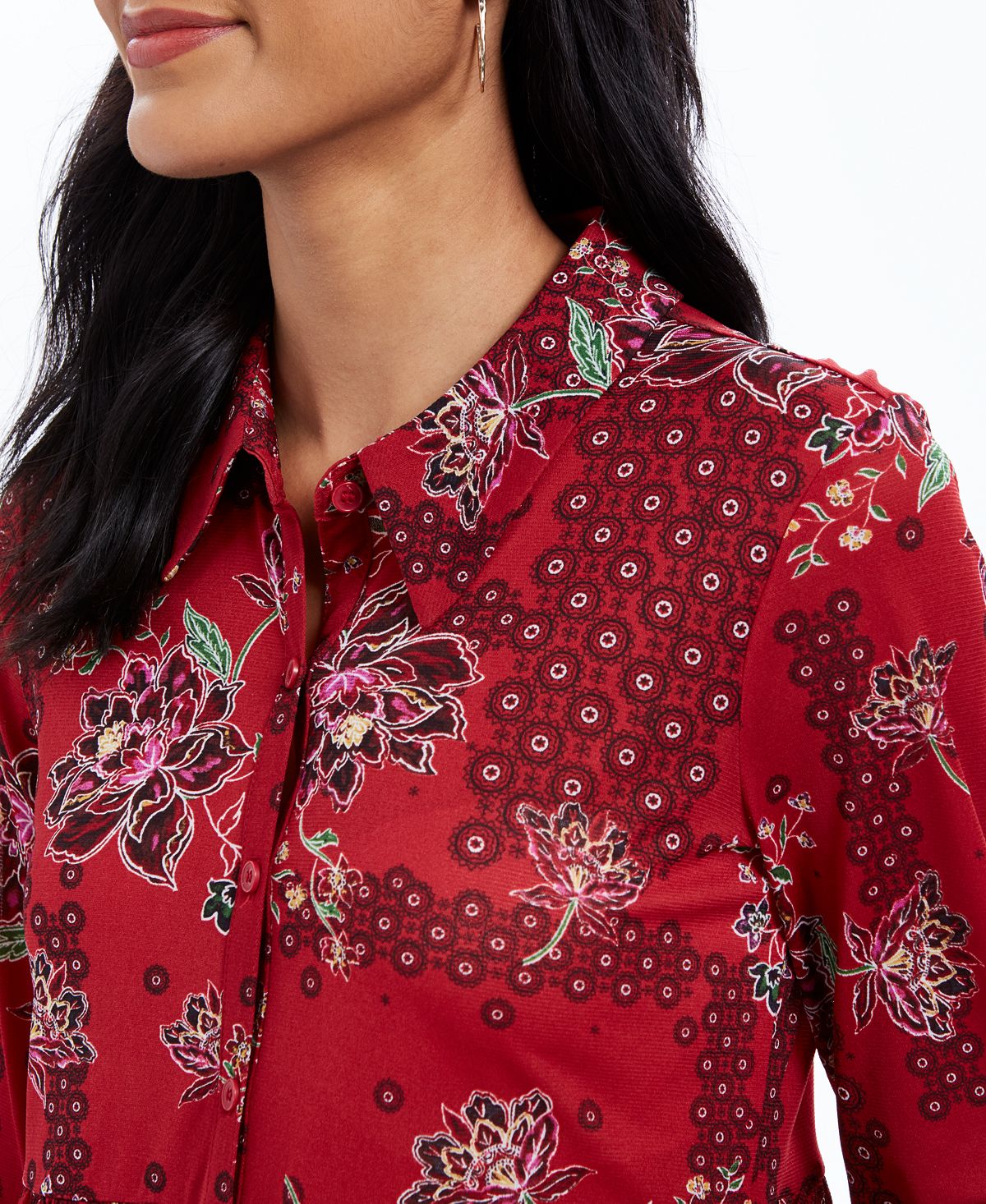 Camisa feminina de malha com estampa mista e painéis Style &amp; Co, vermelha, tamanho pequeno