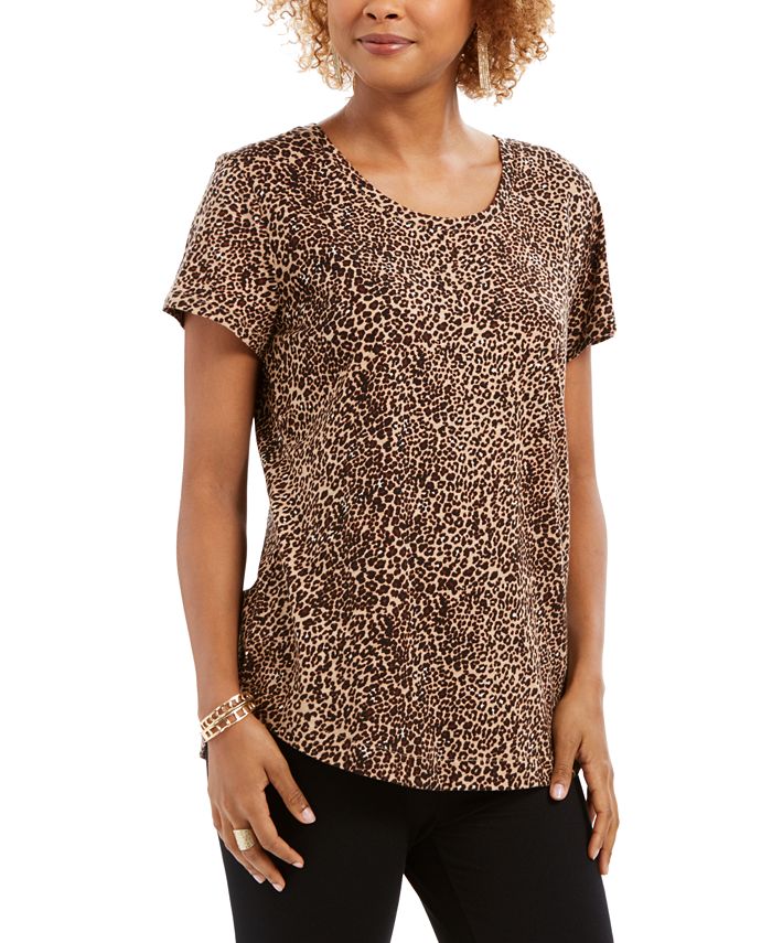 Camiseta feminina de algodão com estampa de leopardo Style &amp; Co, marrom, tamanho grande