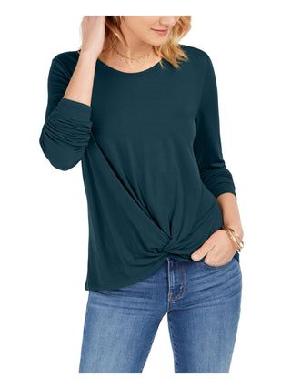 ESTILO E EMPRESA Blusa feminina azul-petróleo com franzido na frente e manga 3/4, tamanho pequeno