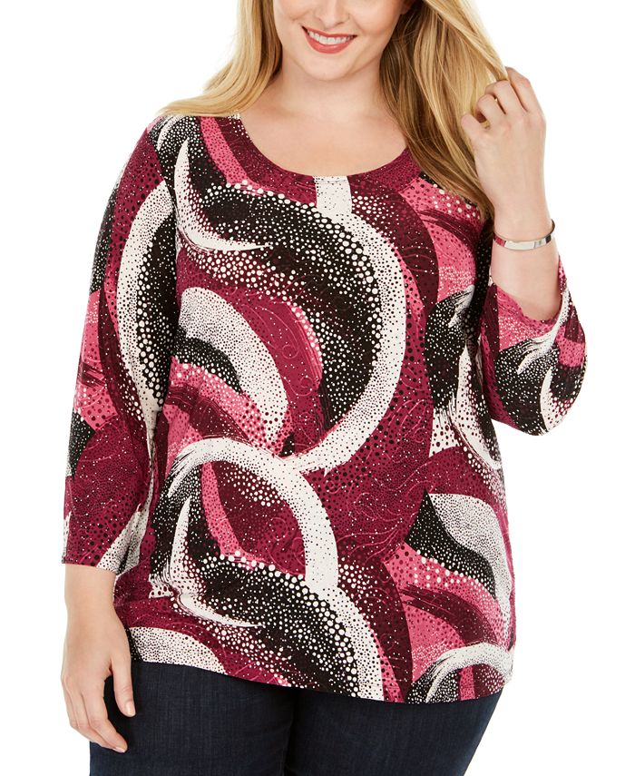 JM Collection Top feminino plus size com estampa de bolinhas em jacquard rosa tamanho 0X