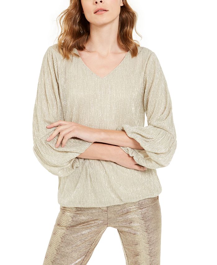 Blusa feminina Alfani metálica com manga 3/4 bege, tamanho médio