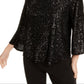 Blusa feminina Alfani com manga sino e lantejoulas, preta, tamanho grande