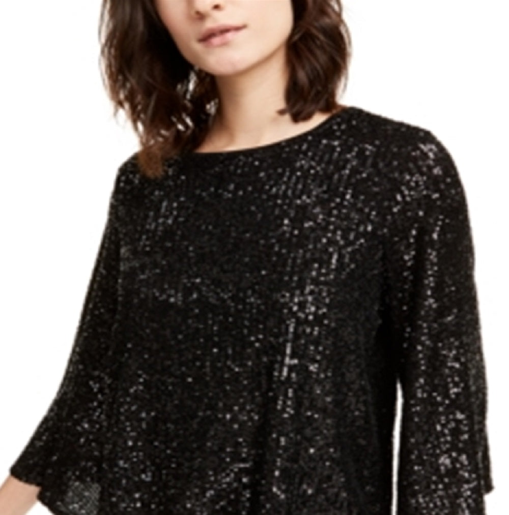 Blusa feminina Alfani com manga sino e lantejoulas, preta, tamanho grande