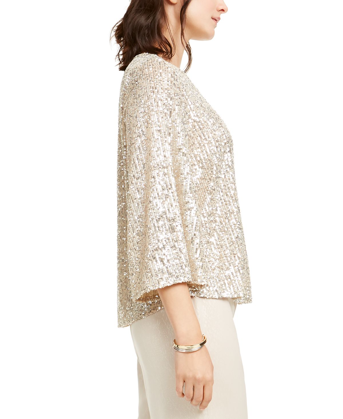 Blusa feminina Alfani com manga sino e lantejoulas, marrom, tamanho pequeno, médio