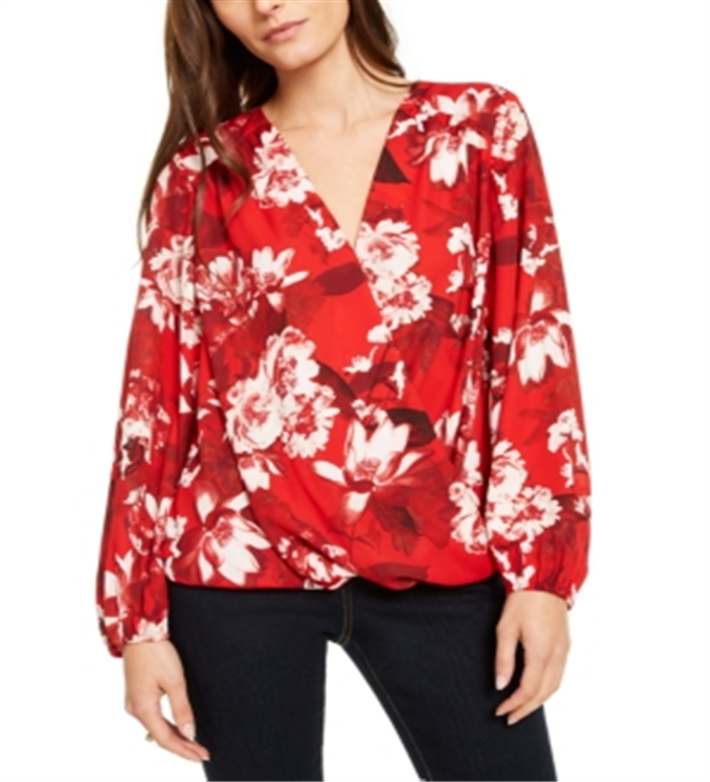 INC International Concepts Top feminino com estampa floral vermelha e sobrepeliz tamanho pequeno