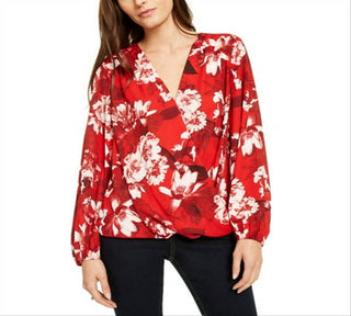 INC International Concepts Top feminino com estampa floral vermelha e sobrepeliz tamanho pequeno