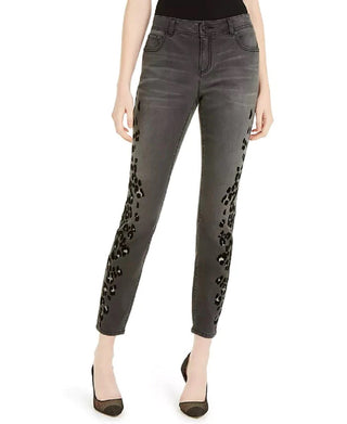 Calça jeans skinny feminina com estampa de leopardo e flocada, preta, tamanho 6, da INC International Concepts