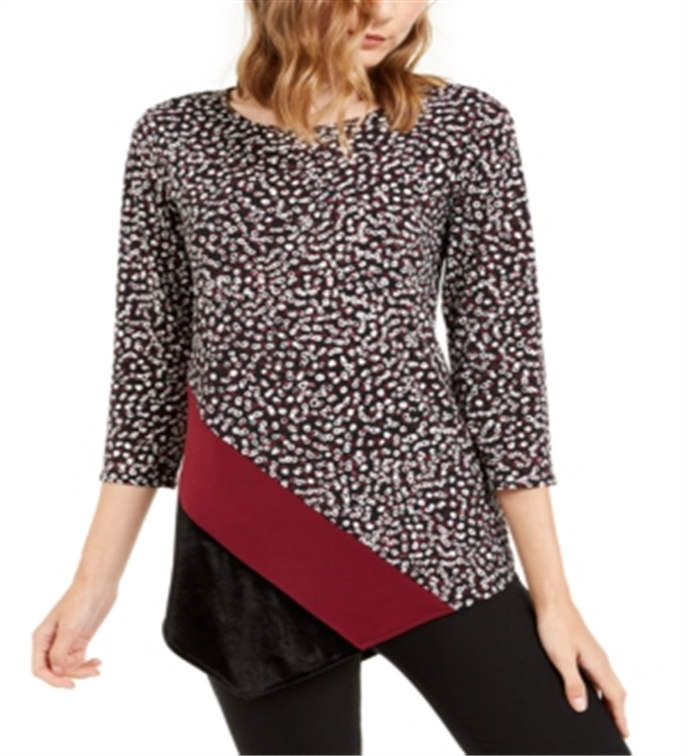 Blusa assimétrica estampada e de veludo Alfani feminina, preta, tamanho pequeno