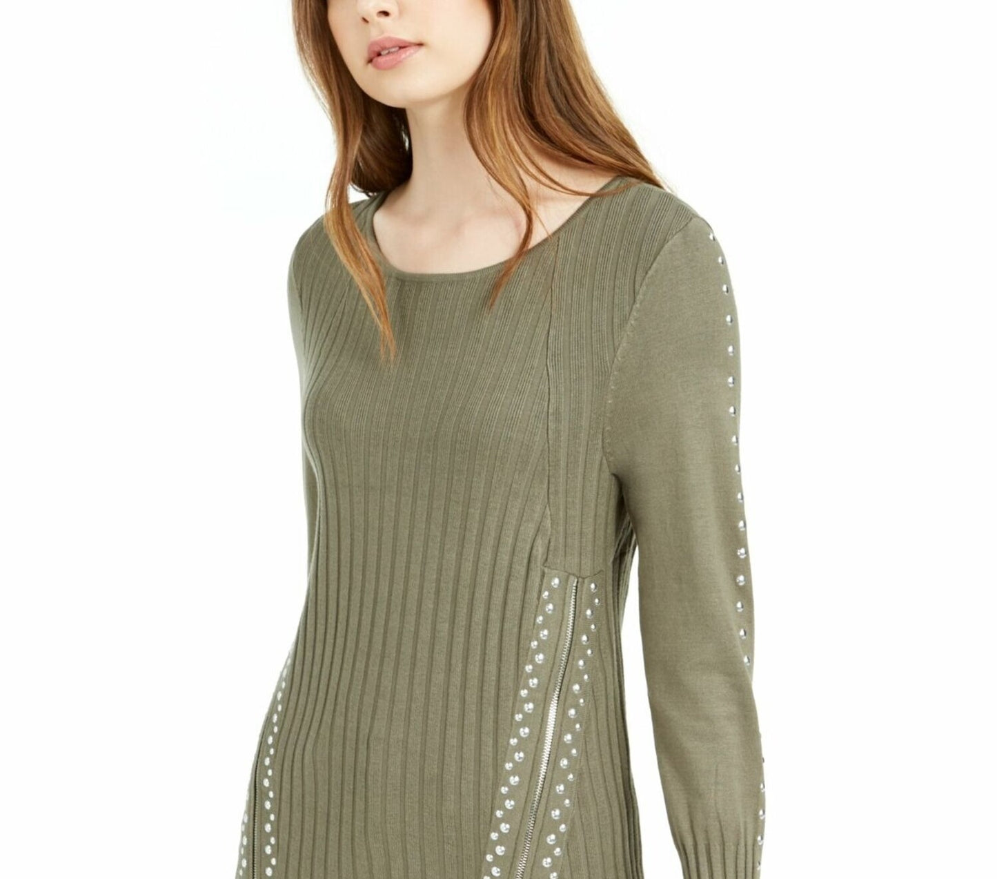 Suéter feminino com zíper e tachas Bar III, verde, tamanho pequeno