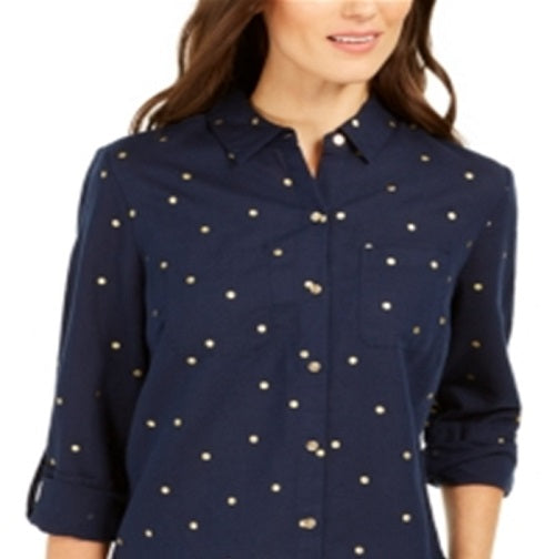 Charter Club Blusa de linho feminina com bolinhas, azul, tamanho pequeno